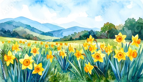 A vibrant watercolor painting depicts a field of yellow flowers under a blue sky, rolling hills in the distance