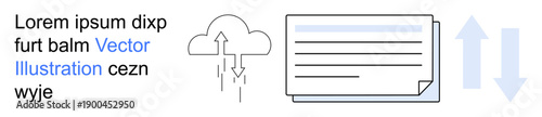 Data storage, cloud services, file management, technology, business processes, workflow. Cloud icon with arrows, file document. Data storage and cloud services concept for business