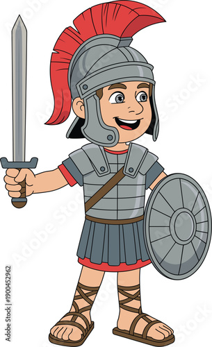 Cute cartoon Roman soldier character wearing armor and a red crested helmet holding a sword and shield on white background