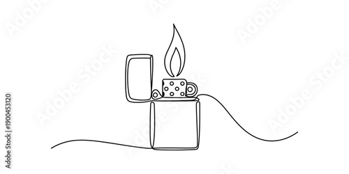 Continuous one line drawing of a metal flip top lighter with a burning flame on white background Vector, illustration