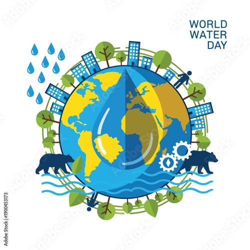 Global water conservation concept for World Water Day, showing Earth, nature, and urban life.