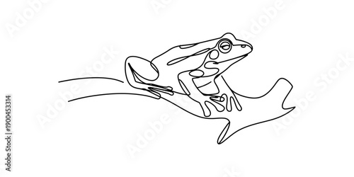 Minimalist continuous line drawing of a frog sitting on a branch on white background Vector, illustration