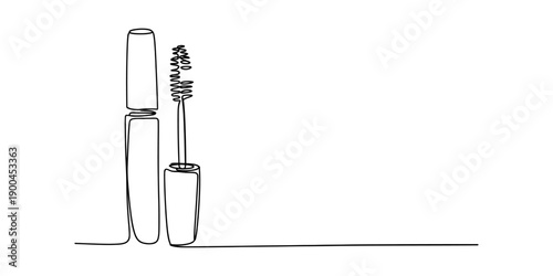 Continuous line drawing of a mascara tube and its application wand on a white background. Vector, illustration