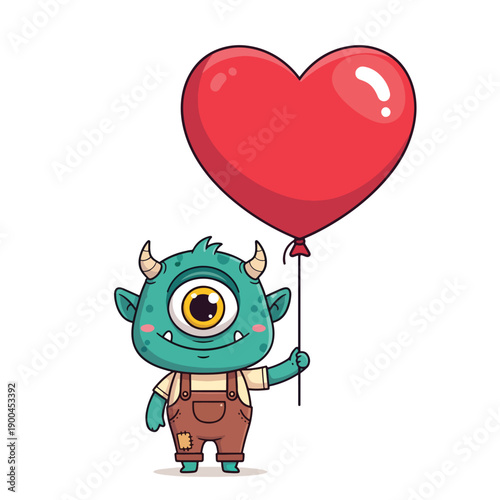 Cute one-eyed monster character holding a heart balloon, vector illustration expressing love
