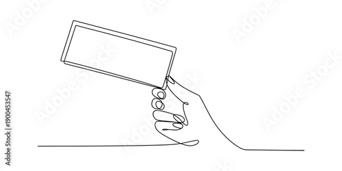Continuous line drawing of a hand holding a rectangular card or smartphone against a white background Vector, illustration