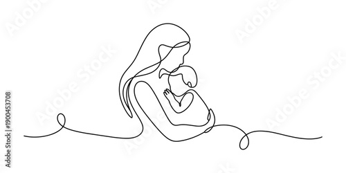 Minimalist continuous line drawing of a mother tenderly holding her sleeping baby in her arms. Vector, illustration