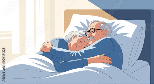 Elderly couple sleeping peacefully, embracing each other in bed, symbolizing love, comfort, and companionship in their golden years