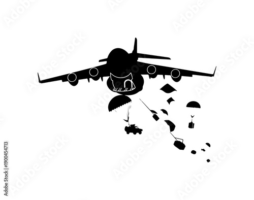 Military Cargo Plane Dropping Paratroopers Silhouette