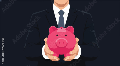 A professional businessman in a sharp suit carefully holds a bright pink piggy bank, symbolizing prudent financial management, essential savings, and secure investment planning for future success