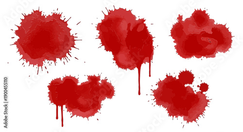 Realistic Red Blood Splatters Set Vector Illustration Isolated on White Background Dripping Paint and Ink Blots for Horror and Grunge Design