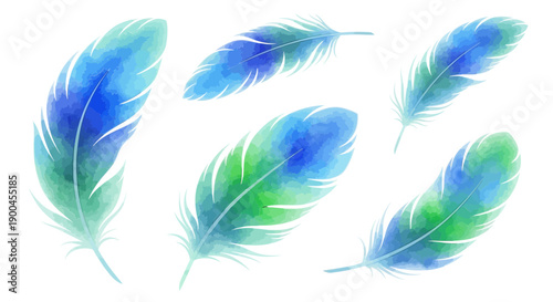 Delicate Watercolor Feathers Collection in Blue and Green Tones