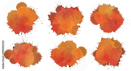 Set of Six Vector Watercolor Splatters in Autumnal Orange and Red Tones Paint Ink Blots Collection