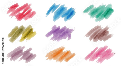 Collection of nine colorful vector watercolor brush strokes Artistic abstract paint swatches set grunge texture elements