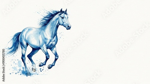 Elegant blue horse galloping, watercolor art, copy space for design