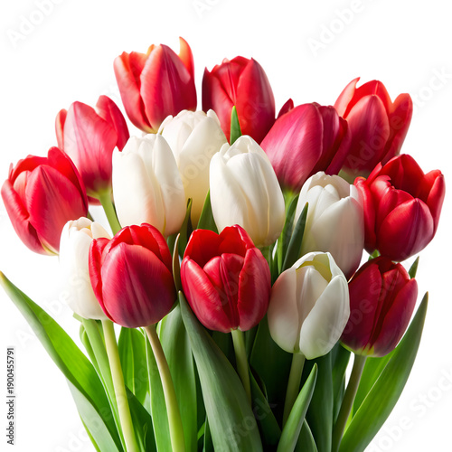 A vibrant bouquet of red and white tulips with green leaves against a black background.