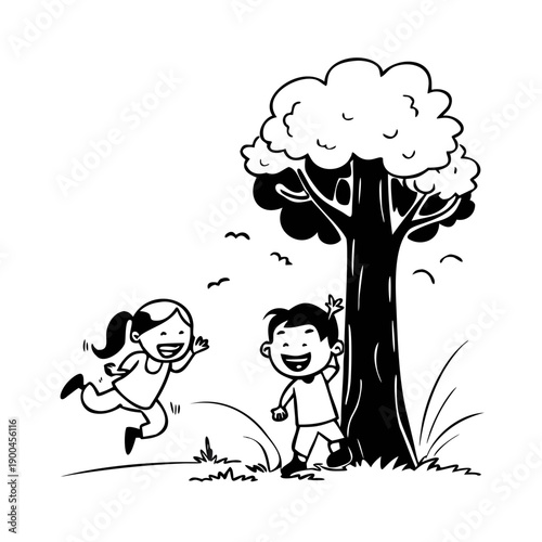Happy children playing hide and seek behind a tree in cheerful cartoon illustration