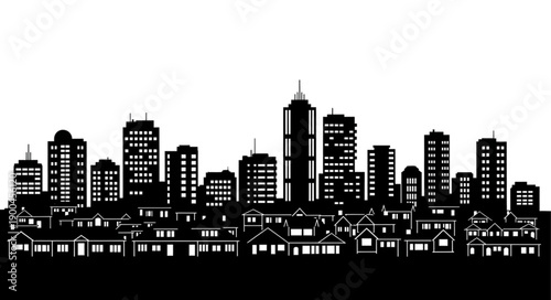 Black and white cityscape silhouette with modern buildings and houses.