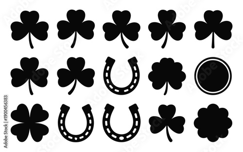 St patrick's day silhouette bundle with shamrocks horseshoes and pot of gold on white background for luck and celebration