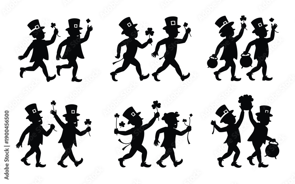 Obraz premium St patrick's day leprechaun silhouette bundle black vector graphics of happy little people wearing top hats carrying pots flowers and shamrocks on white background for lucky