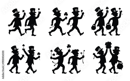 St patrick's day leprechaun silhouette bundle black vector graphics of happy little people wearing top hats carrying pots flowers and shamrocks on white background for lucky