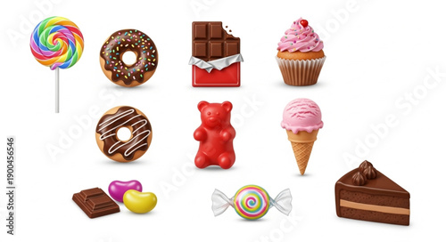 Assortment of Sweet Treats and Candies on White Background.