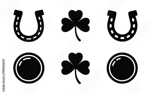 Black vector icons of horseshoes four leaf clovers and coins on white background symbolizing good luck and fortune