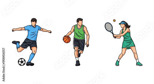 Athletes playing soccer basketball and tennis in action.