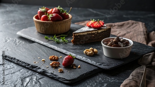Dark Chocolate Cake Slice with Strawberries & Walnuts on Slate Table