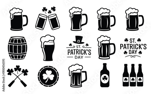 St patrick's day silhouette bundle beer mugs bottles shamrocks and festive icons on white background