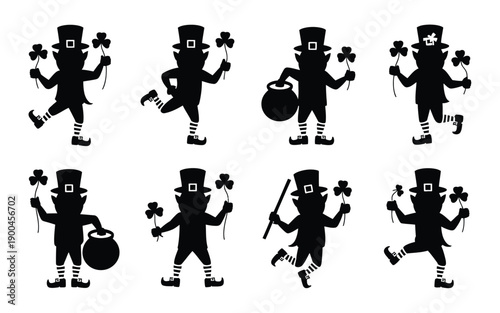 St patrick's day leprechaun silhouette bundle black shamrock illustrations pot of gold irish luck vector graphics