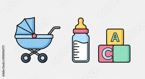 Baby stroller bottle and alphabet blocks illustration.