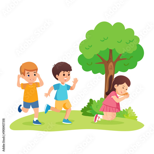 Little kids playing hide and seek in park. Playing game with friends outdoor in summer vacations vector illustration. Boy counting, boys hiding begind tree, girl running to hide
