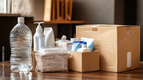 Humanitarian aid parcels containing hygiene items and supplies are prepared for distribution