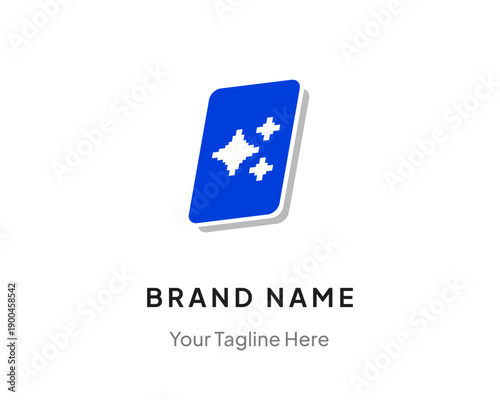 Minimalist Blue Card Logo with Pixel Sparkles for App Branding