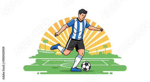 Cartoon soccer player kicking a ball on a green field during a fun game