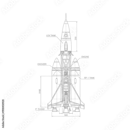 Detailed rocket schematic diagram featuring labeled sections structural components and precise measurements on a clean white background