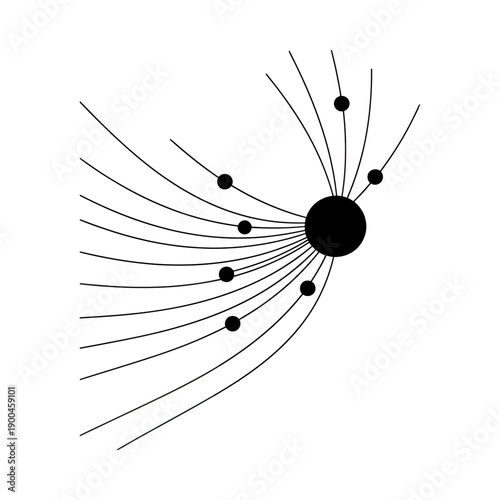 Gravitational pull concept with black lines and dots orbiting a central sphere in space