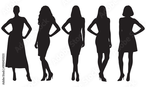 Group of elegant female silhouettes posing in stylish fashion outfits