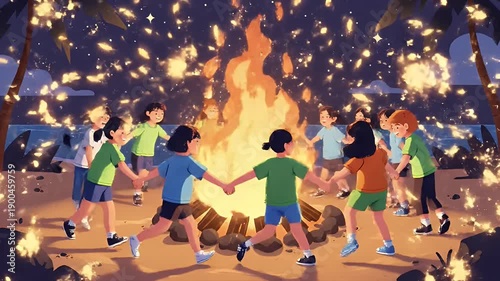 Children holding hands dancing around campfire on beach at night