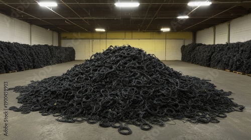 A massive pile of tangled knotted black rubber tires forming a dense unmanageable heap in a large industrial warehouse with stacks of more tires in the background