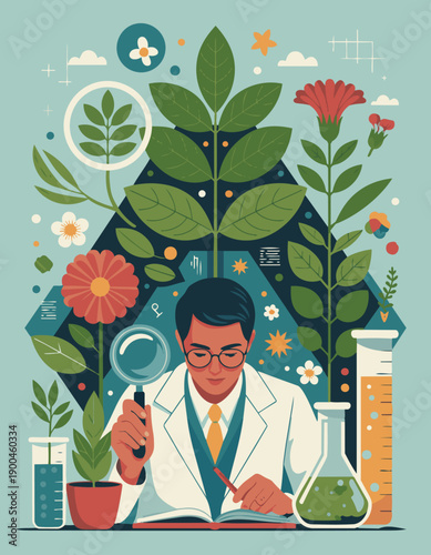 Herbal Medicine Research

A flat vector illustration of herbal medicine research. Scientist or herbalist studying plants with notebook and magnifying glass. Flat vector style, blend of science and nat