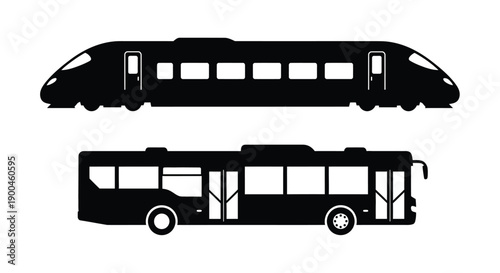 Black silhouettes of a high speed train and a city bus silhouette