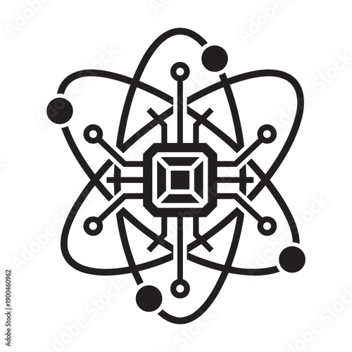 Quantum Computing Concept and Microchip Atom Symbol.