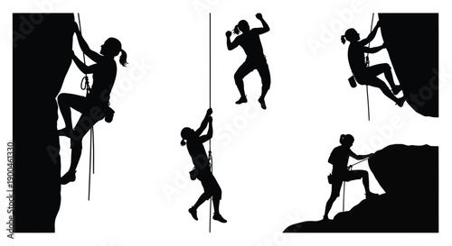 Rock climbers in various poses against a white background silhouette