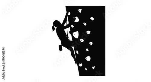 A rock climber scales an artificial wall depicted in silhouette
