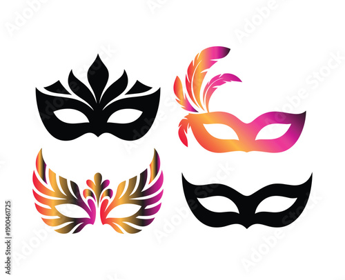 Mardi Gras festive, Set of decorative masquerade masks in black and vibrant gradient colors carnival party costume.