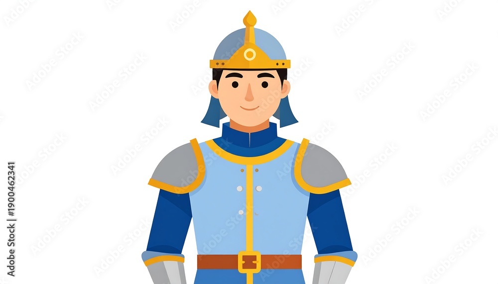 Fototapeta premium A smiling young man in stylized armor and a helmet, presented on a simple white background