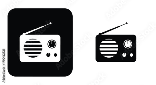 Classic portable radio icons displayed in contrasting black and white square button designs