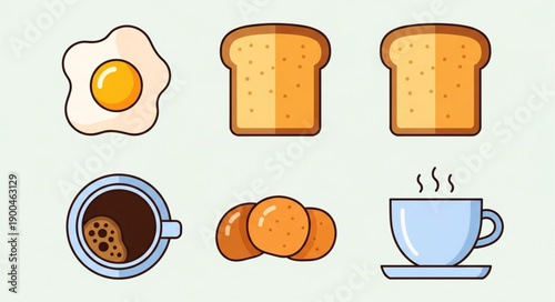 Breakfast food icons including fried egg toast coffee and croissants.