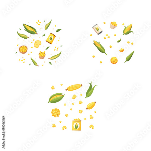 Yellow corn vegetable illustration collection with popcorn sweet corn and maize elements